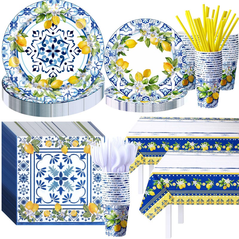 Dingion 227 Pcs Amalfi Coast Lemon Party Supplies Capri Lemon Party Positano Tableware Decorations Summer Mediterranean Decorations Disposable Plates Napkin Forks for Birthday Baby Shower Serves 25